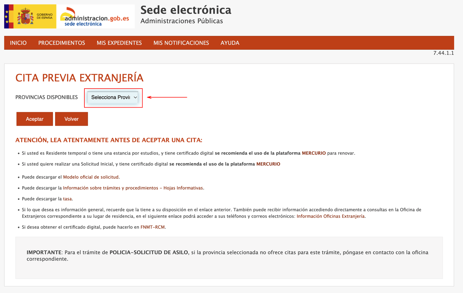 Скріншот вибору провінції на Sede Electrónica