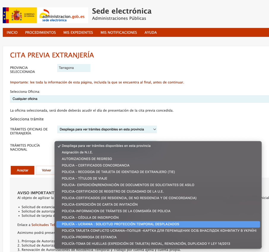 Скріншот вибору типу послуги на Sede Electrónica