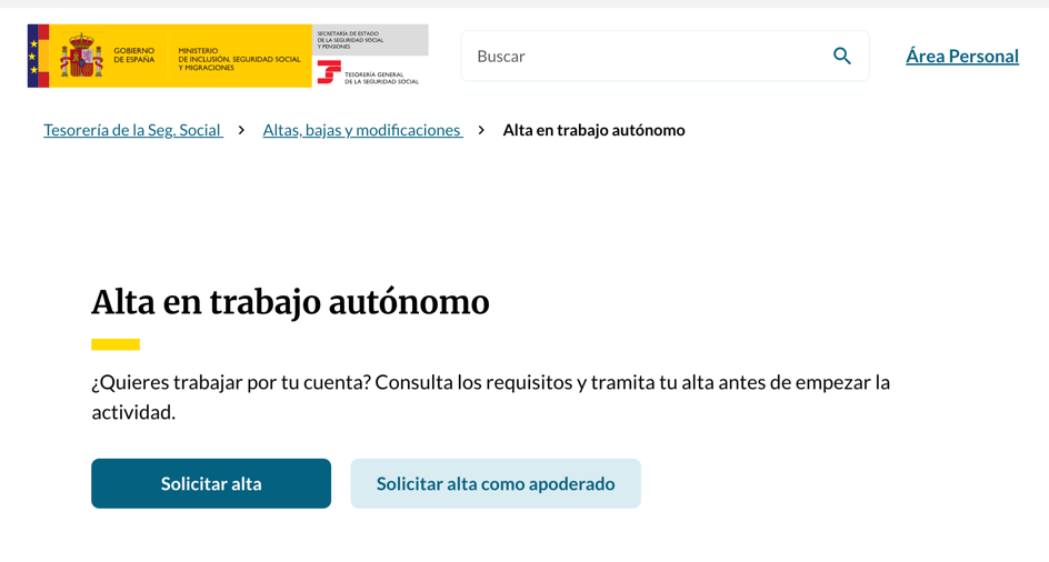 Сторінка Import@ss «Alta en trabajo autónomo» з кнопкою «Solicitar alta»