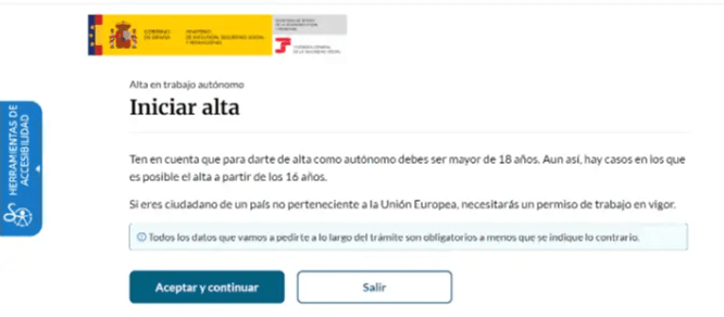 Екран «Iniciar alta» з умовами реєстрації